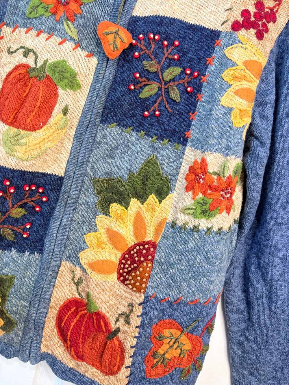 Vintage Tiara Fall Harvest Knit Patchwork Pumpkin Sunflower Zip Cardigan Large
